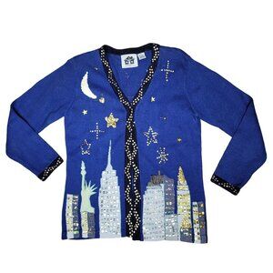Storybook Knits New York Medium Cardigan With Sequin NYC Skyline Design & Stars